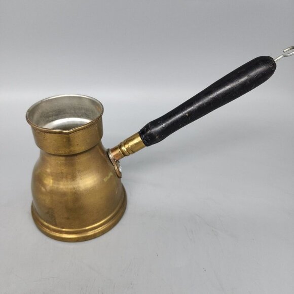 Vintage Brass Turkish Coffee Maker Old Hand Made 1 Cup Wood Handle Small Size - Picture 1 of 7